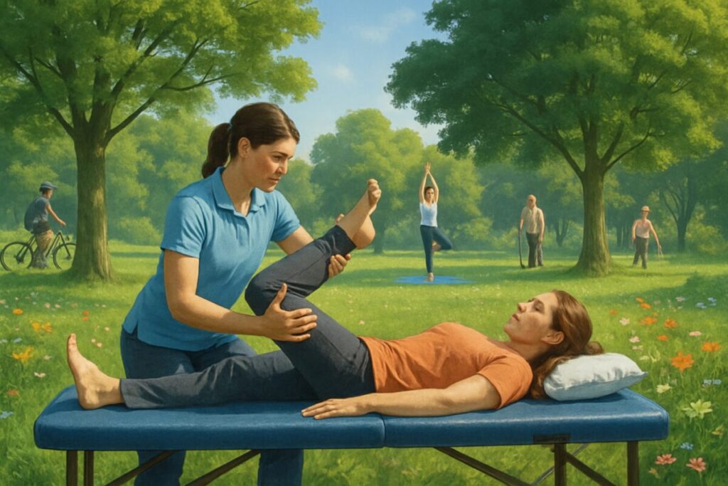 A high-definition digital artwork depicting a serene, lush landscape with a physiotherapist performing an exercise session with a patient outdoors. The scene is set in a vibrant green park with tall trees and colorful wildflowers, under a clear blue sky. In the background, a variety of people of different ages engage in various physical activities like cycling, yoga, and walking, embodying a harmonious balance between human health and nature. The image conveys a sense of holistic wellness and environmental awareness, capturing the spirit of integrating physiotherapy with planetary health.