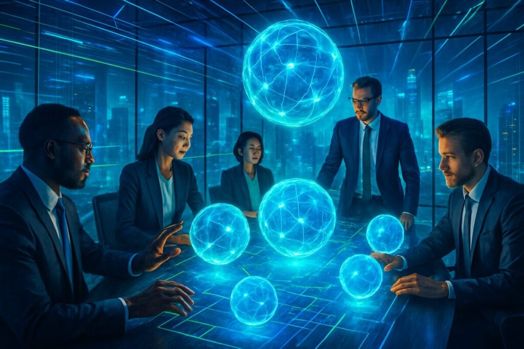 A vibrant and dynamic digital artwork depicting a futuristic global conference room. In this space, diverse leaders engage with holographic interfaces, displaying interconnected spheres symbolizing complexity and innovation. The atmosphere pulsates with blue and green hues, and digital lines suggesting fast-paced data flow crisscross the scene. The leaders, dressed in contemporary professional attire, have expressions reflecting focus and collaboration. Around them, walls of transparent glass overlook a sprawling cityscape with towering skyscrapers bathed in neon lights. The high-definition image captures the essence of modern digital leadership, showcasing ambition, connection, and strategic vision in a digitally-driven environment.