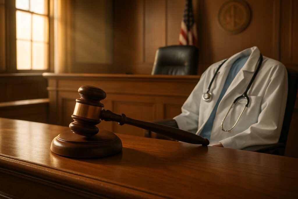 A serene high-definition photograph of a courtroom with a focus on the judge's gavel resting on a polished wooden bench. Warm, inviting lighting streams through a window, casting gentle shadows that suggest tranquility and fairness. The backdrop includes subtle hints of a medical environment, such as a stethoscope and a doctor's coat artfully draped over a nearby chair, symbolizing the intersection of law and medicine. The image captures the essence of a new legal standard bridging medical practice with justice.