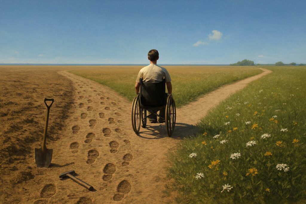 A high definition, thought-provoking digital artwork depicting a serene yet poignant scene: a vast, open landscape under a clear blue sky, where two distinct paths diverge dramatically. One path is well-trodden and marked by signs of busy human activity such as footprints and tools, symbolizing the traditional, bustling labor market. The other path is tranquil and overgrown with wildflowers, representing untapped potential and personal choice. In the distance, a person in a wheelchair approaches the junction of these paths, contemplating the direction to take, evoking themes of choice, inclusion, and the societal expectations in the world of work.