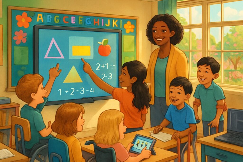 A vibrant and heartwarming illustration depicting a diverse group of young children in a colorful classroom. The room is lively, filled with natural sunlight streaming through large windows. The children, with diverse abilities and ethnic backgrounds, are gathered around a large interactive smartboard, actively engaging with educational materials. A teacher, smiling warmly, offers guidance, while adaptive learning tools are visible on desks. Outside the windows, a lush schoolyard filled with blossoming plants and trees adds to the inviting atmosphere. The image is rendered in high definition, emphasizing the detail and warmth of the scene.