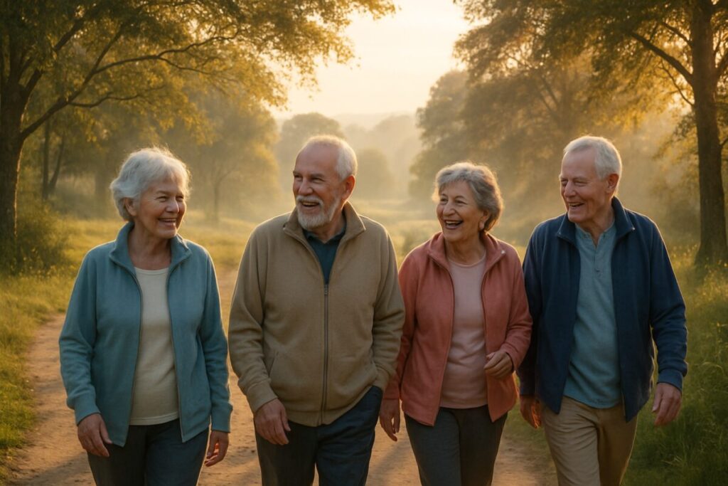 A serene landscape capturing a peaceful early morning light, with a group of retirees walking together along a picturesque trail in the countryside. The air is crisp, and sunlight filters softly through the trees, casting gentle shadows on the winding path. Dappled light plays on the faces of the walkers, who are engaged in animated conversation and displaying contented expressions. The scene conveys a sense of camaraderie and healthy living that complements the start of a new chapter in life. This high-definition digital artwork emphasizes the themes of community, transition, and wellbeing.