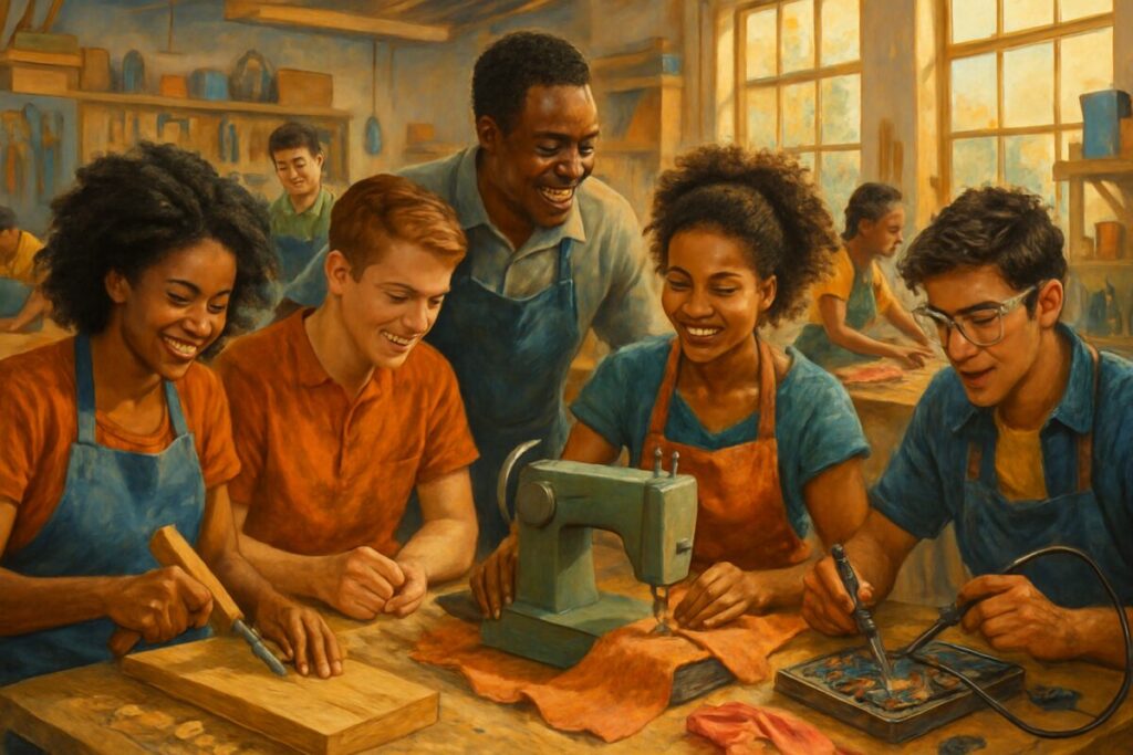 A high-definition painting depicting a vibrant, diverse group of young people in a bustling, colorful vocational workshop. The scene is filled with energy and collaboration, showing various individuals engaging in hands-on learning activities involving carpentry, textiles, and electronics. The environment is welcoming and supportive, with mentors interacting positively with the youth. The background shows a large window letting in warm sunlight, symbolizing hope and opportunity. The focus on expressions of concentration and joy reflects the theme of empowerment and community building within the vocational education setting.