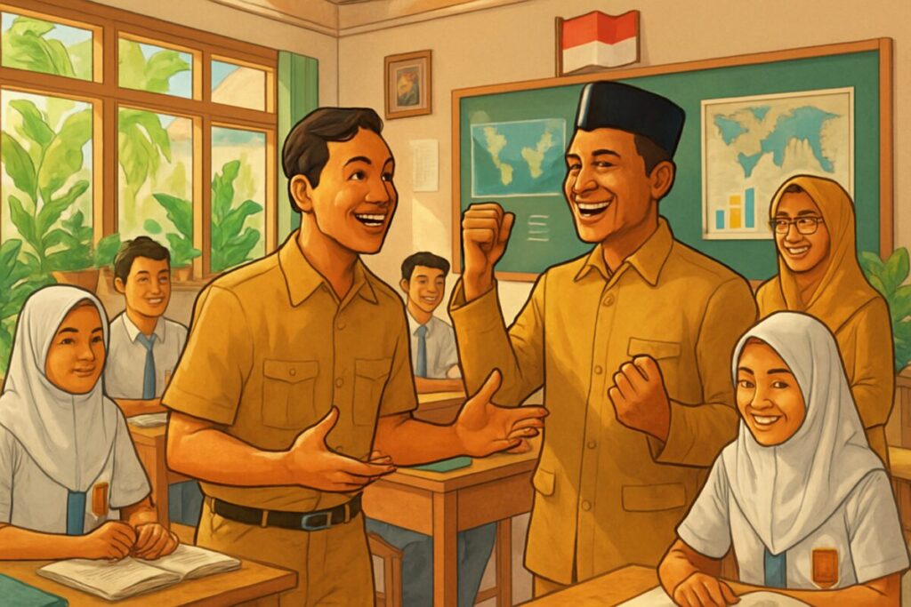 A vibrant, high-definition illustration of an Indonesian high school classroom filled with sunlight, showcasing a diverse group of engaged teachers and students. The scene includes lush green plants by the windows, symbolizing growth and a supportive environment. In the foreground, a confident teacher interacts with an inspiring leader, both radiating enthusiasm and collaboration, with charts and educational tools subtly incorporated in the background to represent an active and thriving educational setting.