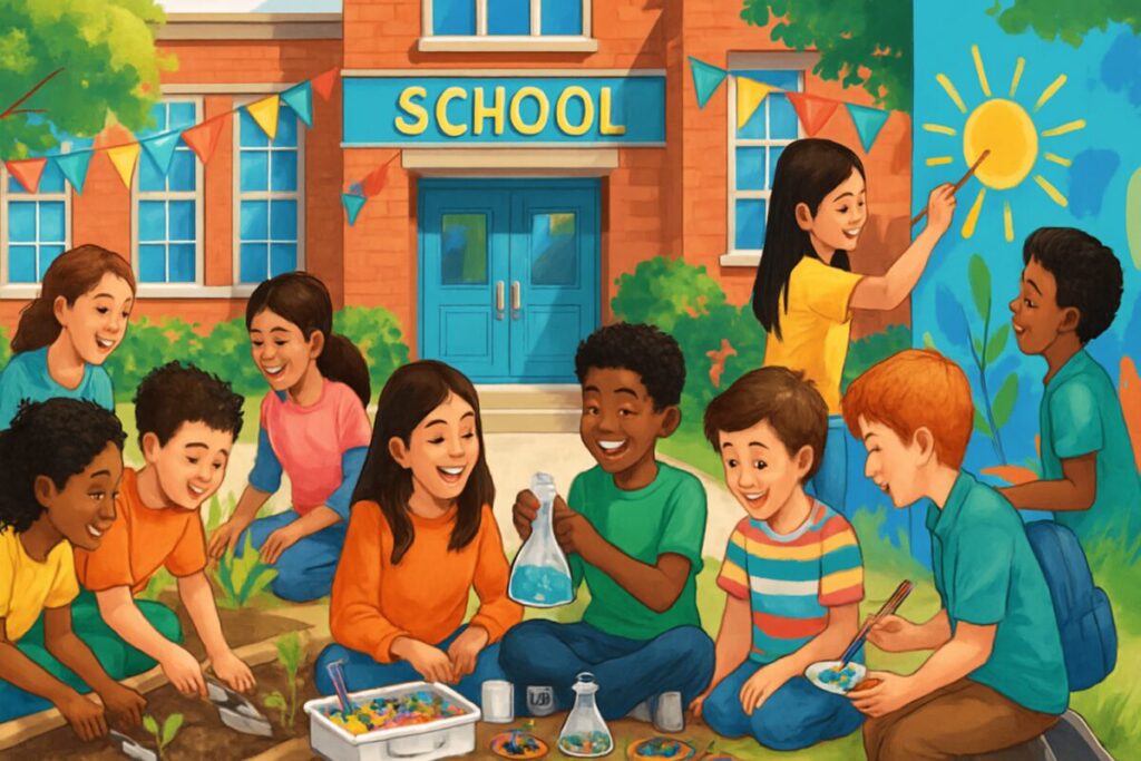 A vibrant, high-definition digital artwork of a diverse group of K-12 students joyfully engaging in various collaborative activities outside of a school building. The scene is bustling with energy as students participate in team projects, some working on a garden, others experimenting with science kits, and a few painting a mural together. The setting is vibrant and welcoming, with colorful banners and greenery around the school that symbolize growth and community. This lively atmosphere reflects the positive impact of interventions in educational settings, focusing on emotional and social development along with academic success.