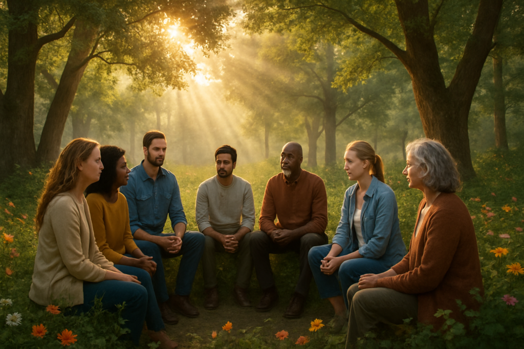 A serene, high-definition image depicting a tranquil forest clearing at sunrise, with soft rays of sunlight filtering through the leaves. In the clearing, a diverse group of people — men and women of different ages and ethnicities — sit in a supportive circle. Their expressions are gentle and empathetic, as they engage in a shared moment of connection. Around them, nature flourishes with vibrant flowers and tall, strong trees, symbolizing growth and healing. The scene conveys a sense of community, hope, and renewal, capturing the essence of peer-led support groups.