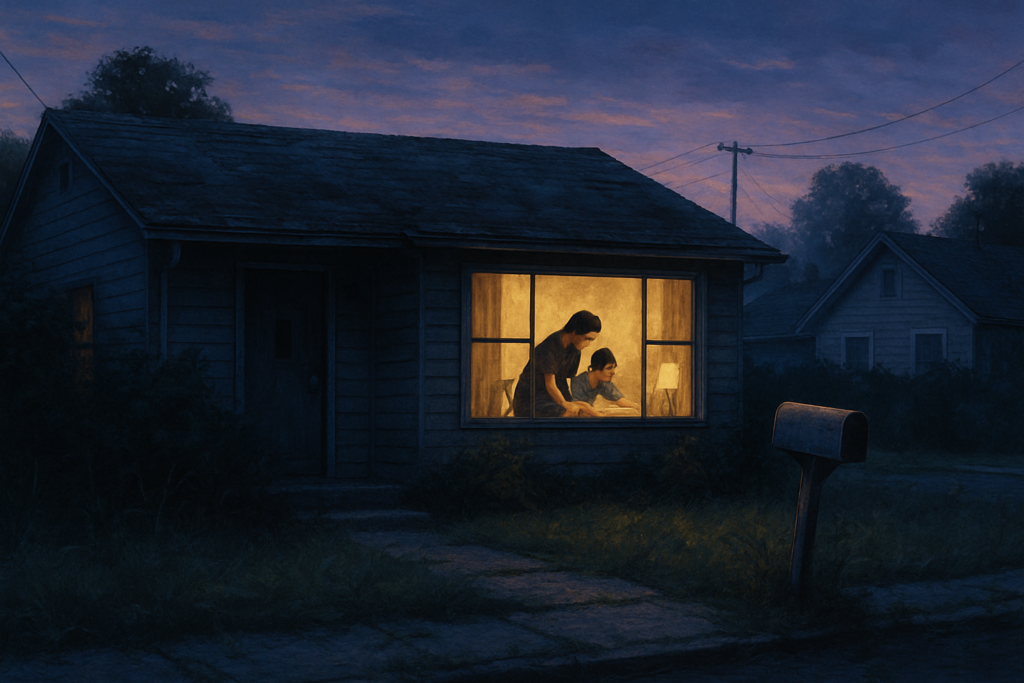 A high-definition digital artwork showing a serene, suburban neighborhood at dusk. In the foreground, a warm light glows from the windows of a modest house, suggesting a sense of hope and stability within. A child seated at a kitchen table is being gently supervised by a parent while doing homework, creating an intimate, nurturing domestic scene. The surroundings subtly hint at financial challenges, with worn but tidy furniture and simple decor. Outside, an overgrown garden and a slightly leaning mail post add depth to the narrative, portraying resilience amidst economic struggle. The overall mood is one of quiet determination and familial connection.