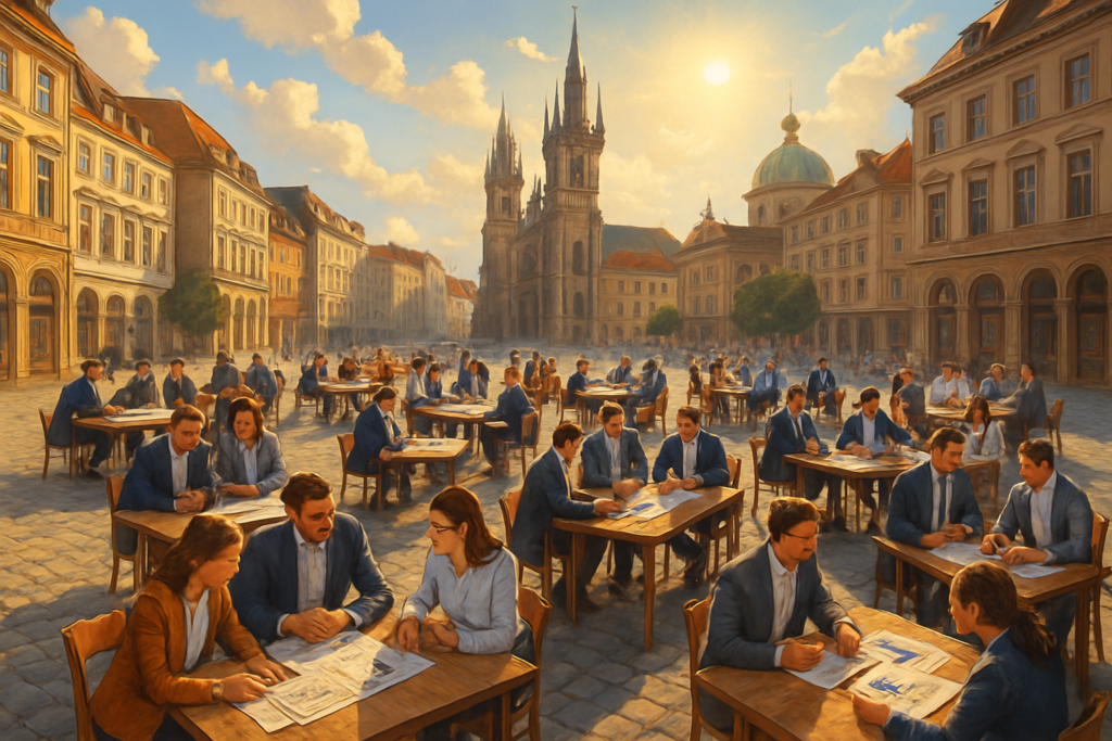 A high-definition digital artwork depicting a bustling European city square from a bird's-eye view. This vibrant scene captures various groups of small and medium-sized businesses gathering around tables, openly collaborating and discussing plans. The city's iconic architecture serves as a backdrop, symbolizing the blend of traditional and modern approaches. The artwork reflects a sense of innovation and cooperation, emphasizing the potential for synergy among diverse enterprises. Sunlight streams across the scene, highlighting the dynamic and harmonious atmosphere, representing the balance between competition and collaboration.