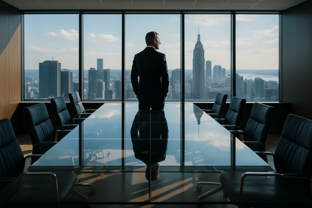A high-definition digital artwork capturing a striking scene set within a modern corporate boardroom. The central focus is an elegantly designed glass table surrounded by sleek, contemporary chairs. Through the panoramic windows, the skyline of a bustling city is visible, hinting at a world of high-stakes business environments. The room is flooded with natural light, casting sharp reflections and shadows on the polished surfaces, symbolizing clarity and transparency. An imposing yet serene male figure stands at the head of the table, gazing thoughtfully out the window, embodying leadership and contemplation. The scene conveys an atmosphere of strategic decision-making and independent leadership.