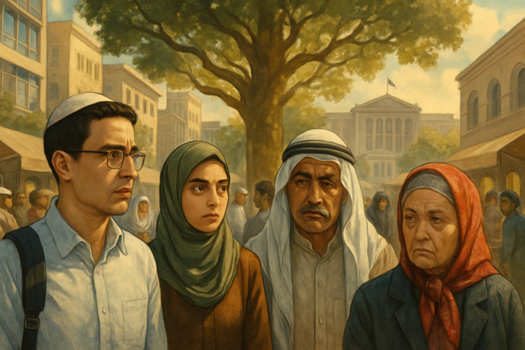 A high-definition illustration depicting a diverse group of individuals in an interconnected urban landscape. The scene shows people from various cultural backgrounds such as Israeli, Arab, and Russian, engaging in a bustling market square lined with stylish modern and traditional architecture. Each person carries a unique expression of emotion—curiosity, contemplation, reluctance—symbolizing their varied responses to bureaucratic processes. In the background, a majestic tree extends its branches over the square, representing the socio-ecological model, with its roots grounded amidst the foundations of governmental buildings subtly visible. Soft sunlight filters through the leaves, creating a harmonious blend of shadows and highlights, enhancing the intricate interplay of personal, cultural, and organizational elements.
