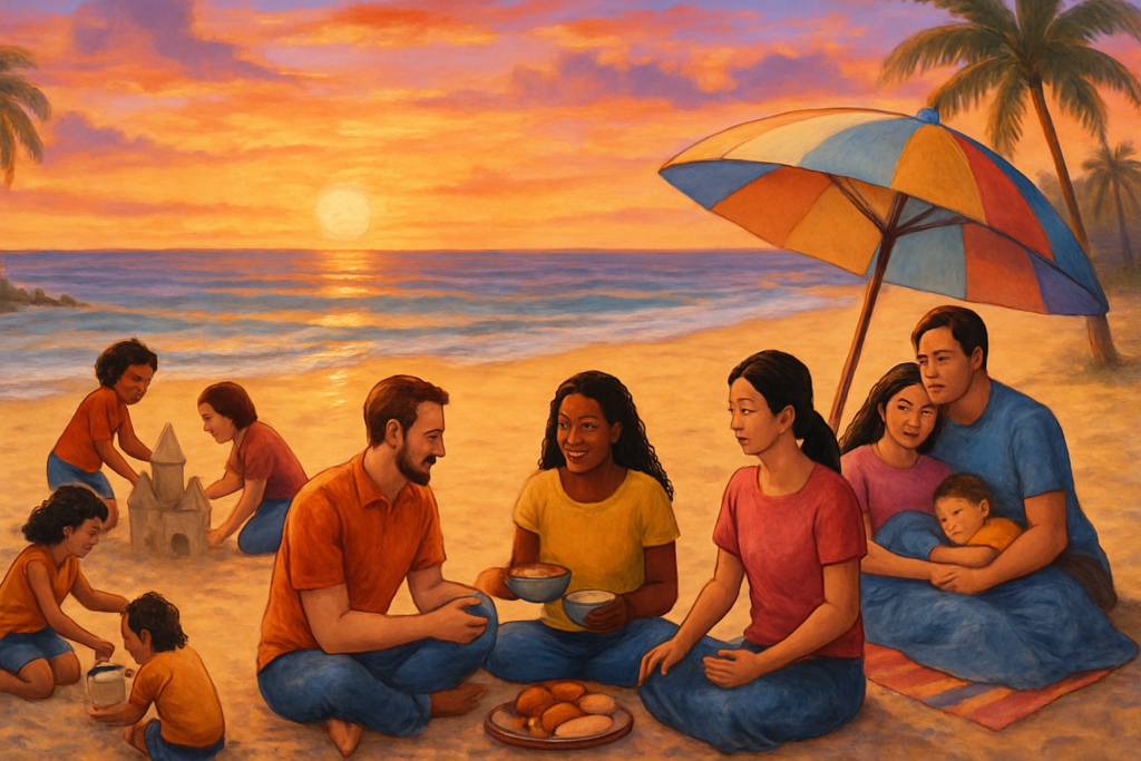 A high-definition digital illustration depicting a vibrant, colorful beach scene at sunset, where people from diverse backgrounds are gathered. Each group is practicing different activities symbolizing social welfare and support—some are sharing a communal meal, others are helping each other construct a sandcastle, while a family is peacefully resting under a large umbrella. The sky is painted with warm hues of orange, pink, and purple, reflecting on the gentle waves, emphasizing unity and inclusiveness, set against a backdrop of a peaceful ocean.