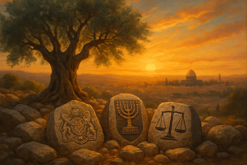 A high-definition digital artwork depicting a symbolic landscape that embodies the blending of legal traditions in Israel. In the foreground, a sturdy, ancient olive tree represents deep-rooted cultural values. Surrounding it are stones engraved with patterns reminiscent of British, Jewish, and modern legal symbols, blending seamlessly together. A luminous sunset casts a warm, golden hue across the scene, suggesting a sense of hope and evolution, with Jerusalem's old city faintly visible in the distance, adding a layer of historical context.