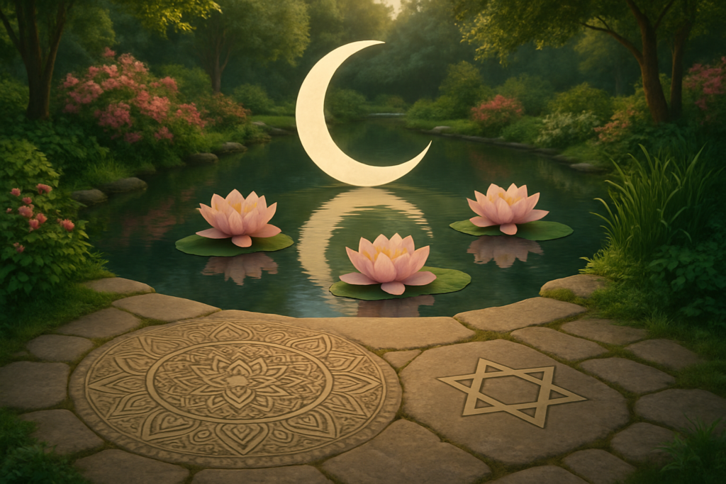 A high-definition digital artwork featuring a serene balance of four distinct cultural symbols, each harmoniously integrated into a tranquil natural landscape. Imagine a lush garden with elements symbolizing Buddhism's gentle lotus flowers floating on a pond; a majestic Islamic crescent moon subtly reflected in the water; Hinduism's intricate mandala patterns adorning the pathway leading to the pond, and a symbolic Star of David subtly inlaid within the stones. Soft ambient lighting and reflection create an atmosphere of peace, unity, and cultural respect, capturing the essence of harmony among different traditions within a family setting.