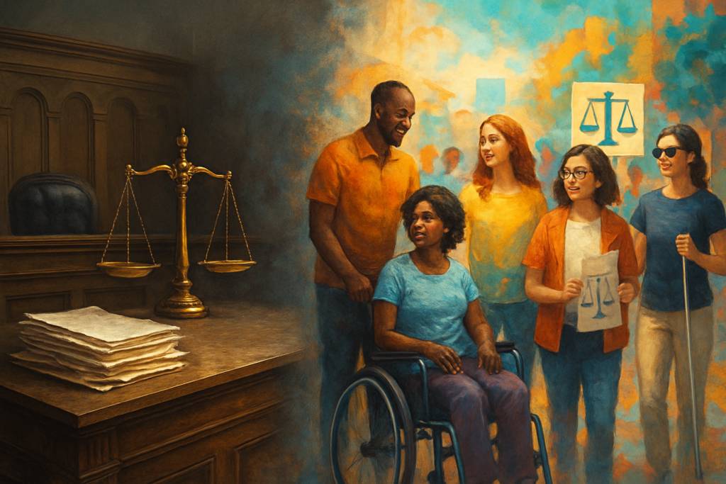 An intricate digital artwork depicting a transition scene: on the left, a courtroom setting with old wooden judge's bench, traditional scales of justice, and stacks of papers, symbolizing conventional legal practices. Gradually transitioning to the right, the scene morphs into a more modern, inclusive environment. This side features a diverse group of individuals, some with visible disabilities, participating actively in a vibrant, open public space. The background subtly changes from muted tones to bright, colorful hues, symbolizing a shift in perception. The entire artwork is rendered in high definition, emphasizing the contrast and details of both sides.