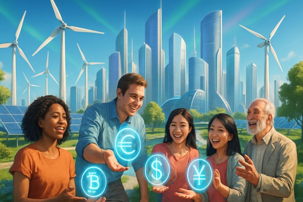 A high-definition digital artwork depicting a lush, vibrant futuristic city powered by renewable energy sources, with towering wind turbines and solar panels juxtaposed against sleek skyscrapers. In the foreground, a diverse group of people of various ages and ethnicities are enthusiastically interacting with glowing, translucent virtual currency symbols that hover above their hands. The atmosphere conveys a sense of harmony between technological innovation and environmental sustainability, with greenery and clean, flowing water integrated seamlessly into the urban landscape. The sky is clear with a hint of aurora-like colors, suggesting a new era of digital finance aligned with nature.