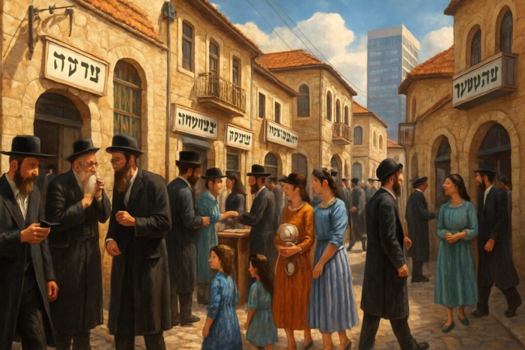 A vibrant and detailed digital artwork depicting a bustling street scene in an ultra-Orthodox Jewish neighborhood in Israel. The scene features men in traditional black attire and women in modest, colorful dresses, as they engage with various community-oriented civil society organizations. The street is lined with charming old-world architecture, and there's a sense of dynamic movement and cultural interaction. The overall atmosphere should highlight a blend of tradition and subtle signs of modernization, symbolized by elements like a nearby contemporary building or a smart device being used discreetly. The image should be in high definition, capturing intricate details and textures.
