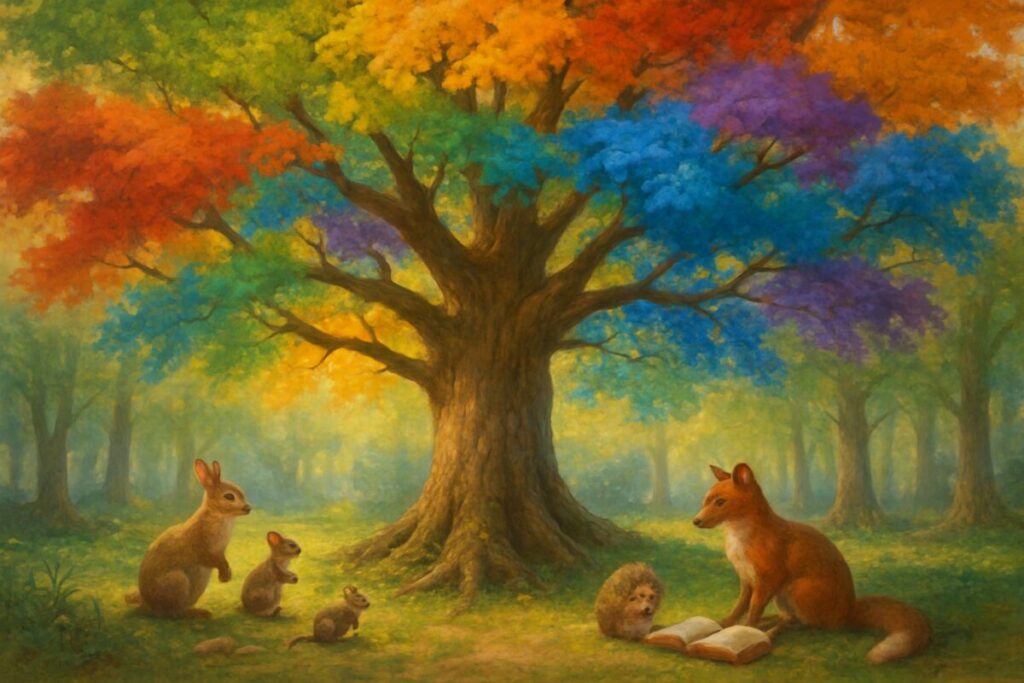 Image prompt: Create a high-definition painting of a large tree in an enchanted forest, symbolizing an organization. The tree's branches stretch outward with various vibrant foliage, each area representing different cultural values within an organization. Around the tree, small woodland creatures interact in harmonious, cooperative activities, showcasing the diverse, interconnected nature of organizational culture. Soft sunlight filters through the leaves, creating a warm and inviting atmosphere that encourages exploration and study.