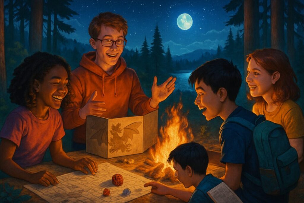 A vibrant, high-definition digital artwork depicting a serene outdoor scene where a group of diverse students are gathered around a campfire under a starry sky. They are participating in an interactive role-playing game, displaying expressions of joy, concentration, and collaboration. The surrounding wilderness showcases tall trees and a distant lake reflecting the moonlight, creating an atmosphere of adventure and introspection. Warm light from the campfire casts playful shadows, highlighting the students' engaged and supportive interactions, echoing the theme of personal growth and skill development in nature.