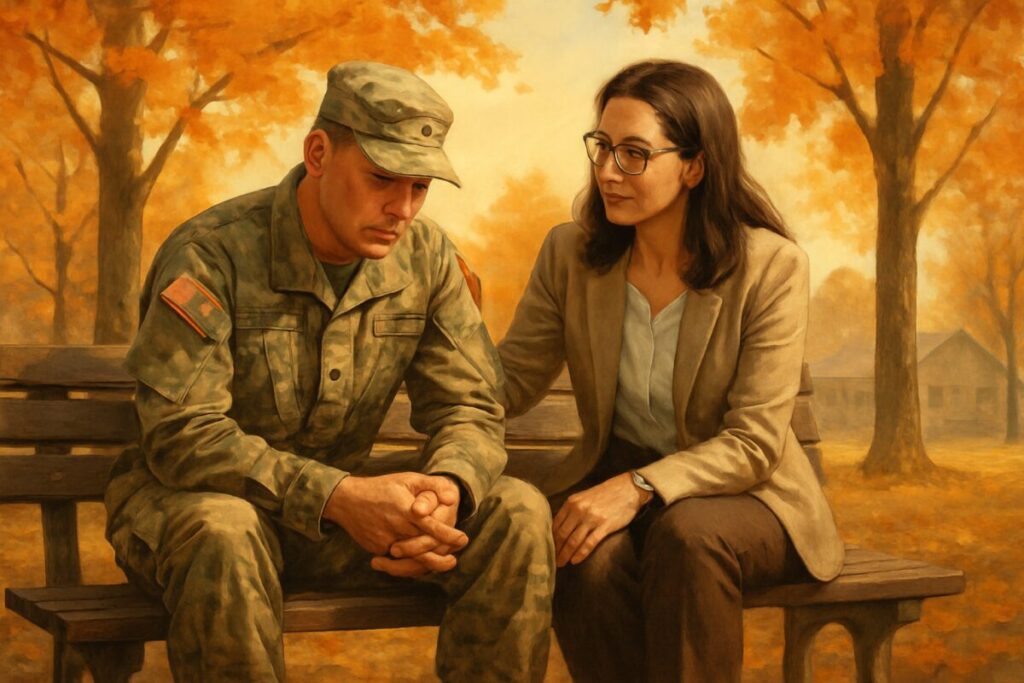 A high-definition, digital artwork of a serene military scene: a professional and empathetic military social worker sitting with a soldier in uniform, offering a supportive presence. They sit on a bench in a peaceful outdoor setting, surrounded by the warm colors of autumn leaves. The soldier appears reflective and the social worker attentive, symbolizing readiness to listen and support. The background shows a subtle silhouette of barracks, adding a touch of military environment without overpowering the focus on human connection.