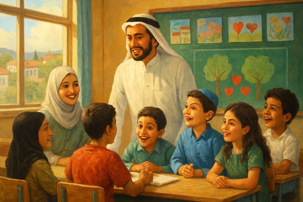 A vibrant and high-definition digital painting of a classroom scene set in a small Arab village in Israel. The room is filled with natural light streaming through large windows, casting gentle shadows on the walls adorned with colorful artwork created by students. In the foreground, a young Arab teacher, wearing traditional garments and a warm smile, is engaging with enthusiastic students gathered around a desk. The students are diverse in appearance, symbolizing a mix of Muslim, Christian, and Druze backgrounds. On the chalkboard behind them, there are illustrations of trees and hearts, symbolizing growth and empathy, creating a sense of harmony and cultural richness.