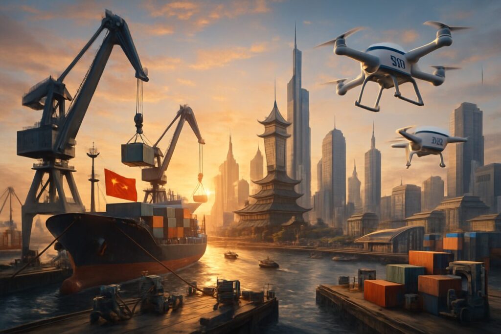 A high-definition digital artwork of a bustling futuristic port cityscape at sunrise, symbolizing the vibrant trade between distant lands. On one side, sleek cargo ships with Chinese flags are docked, unloading goods with cranes and robots. On the other side, small high-tech drones with the Israeli flag take off from the city, representing export innovation. Towering skyscrapers with elements of traditional Chinese and modern Israeli architecture blend seamlessly, highlighting the cultural and economic exchange. The scene is alive with activity, boats in the harbor, and a sky painted with soft orange and pink hues of the dawn sky.