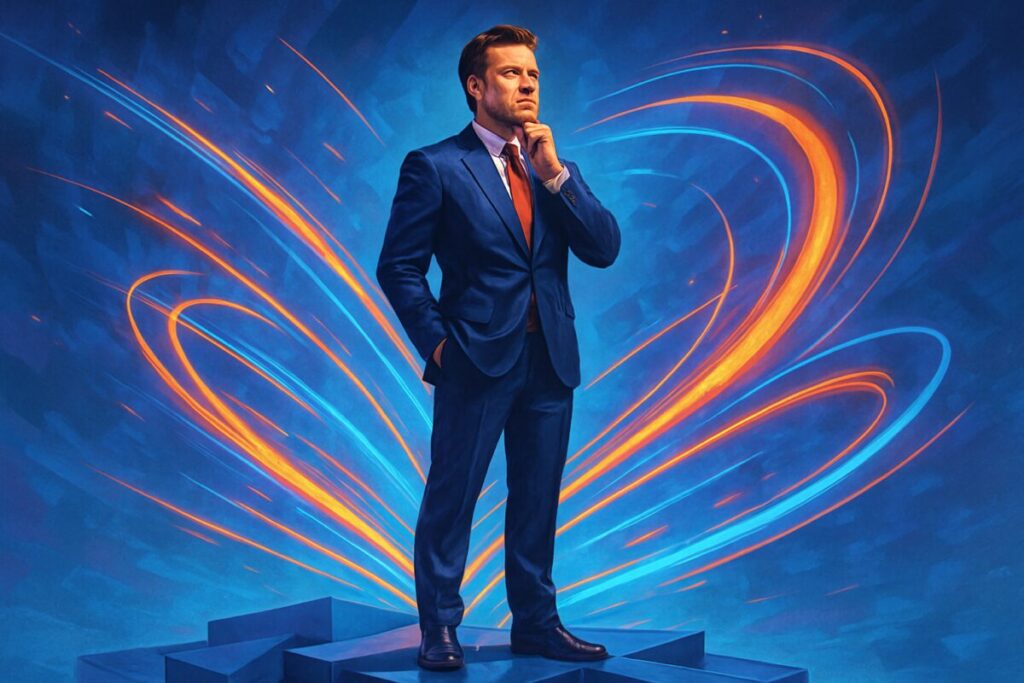 A high-definition illustration of a charismatic leader standing confidently on a futuristic platform made of geometric shapes. Around the leader, vibrant light trails form dynamic patterns, symbolizing innovation and progress. The background is an abstract mix of cool blues and purples, suggesting a blend of creativity and strategy. The leader is depicted with a thoughtful expression, gazing forward, conveying inspiration and intellectual stimulation while exuding a sense of transformative influence.
