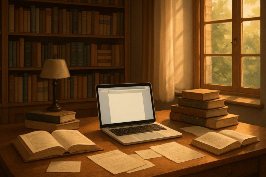A high-definition digital artwork depicting a cozy, softly-lit study space filled with academic books and papers. A large wooden desk is adorned with an open laptop showing a blank document screen, ready for new ideas and writing. In the background, shelves are filled with neatly organized books and journals, evoking a sense of academic pursuit and creativity. A window nearby allows warm sunlight to filter in, casting gentle shadows and creating an inviting atmosphere for intellectual exploration and inspiration.