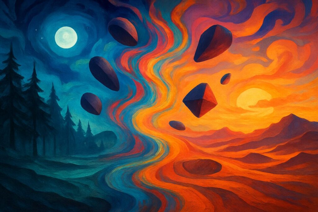 Create an abstract digital artwork depicting a dreamlike landscape where different scenes blend seamlessly yet distinctly. On one side, a lush forest bathed in soft moonlight appears, while on the opposite, a vivid desert sunrise takes form. Between these two landscapes, there's a swirling transition of vibrant colors, portraying the unpredictable and discontinuous nature of dreams. Add floating, mysterious objects transitioning between scenes, enhancing the surreal feeling. Render in high definition to capture intricate details and textures.