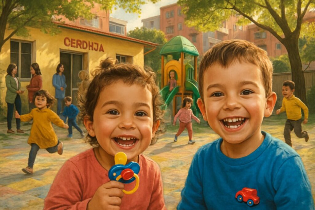 A vibrant and detailed illustration showcasing a lively preschool setting in urban Albania, filled with children energetically playing. The focus is on a close-up of two children smiling, revealing their teeth, one holding a colorful pacifier and another with a just-dropped toy nearby. In the background, parents are chatting while teachers observe, creating a warm, community-oriented atmosphere. The scene is bathed in soft, afternoon sunlight filtering through trees, emphasizing a sense of joy and playful curiosity. Make the image in high definition.