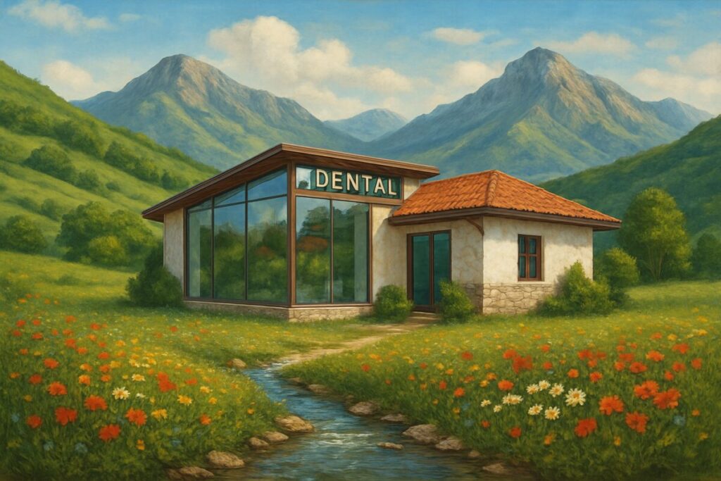 A high-definition painting of a serene dental clinic set against the picturesque backdrop of the Albanian landscape. The clinic is nestled among rolling green hills with a clear glimpse of nearby majestic mountains. In the foreground, there is a vibrant garden filled with blooming wildflowers and a gentle stream flowing by, highlighting a sense of tranquility and sustainability. The architectural design of the clinic blends modernity with traditional Albanian elements, featuring large glass windows that reflect the natural beauty surrounding it. The overall scene conveys an inviting and harmonious balance between nature and healthcare.