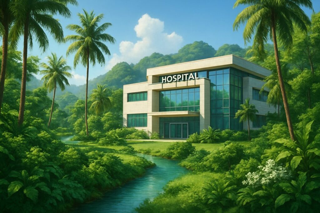A high-definition digital artwork depicting a serene, lush tropical landscape with a modern hospital in the foreground, surrounded by vibrant greenery. The hospital is architecturally sleek, with large glass windows reflecting the clear blue sky. Nearby, a small waterway gently snakes through the scenery, reminiscent of the natural beauty often found in health tourism destinations. The setting conveys a sense of calm and healing, emphasizing the fusion of advanced medical facilities with inviting, tranquil environments.