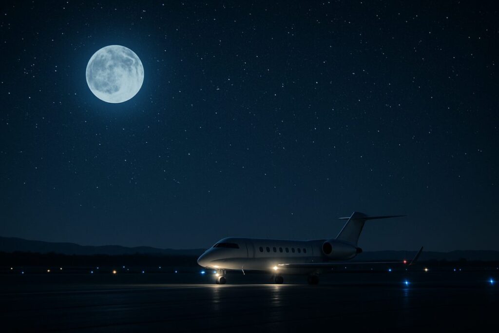 A high-definition image depicting a moonlit scene at an airport, where a solitary charter plane is visible on the tarmac. The plane, illuminated by runway lights, sits under the expansive night sky filled with stars. Around it, a quiet atmosphere is suggested, with the faint silhouette of distant landscapes framing the scene. This visual captures the juxtaposition of routine operations against the vast and open night sky, hinting at the complexity and secrecy of charter flight operations.