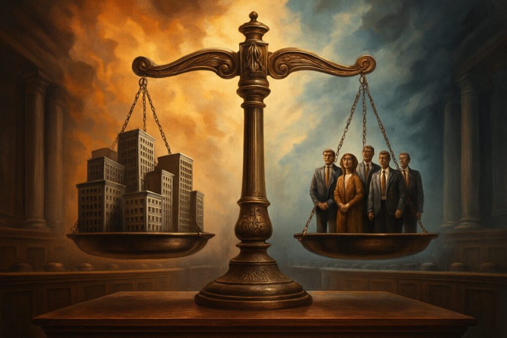 A high-definition digital artwork depicting a grand and symbolic courtroom setting where an intricate balance scale stands prominently at the center. On one side of the scale, finely detailed miniature office buildings represent corporate interests, while the other side holds a group of diverse, elegantly illustrated people symbolizing the workforce. The background features abstract, swirling clouds and beams of contrasting warm and cool tones, evoking a sense of both conflict and harmony. The scene conveys a dynamic equilibrium, embodying the ideal of balancing corporate law with labor rights, capturing the essence of Wedderburn’s legacy.