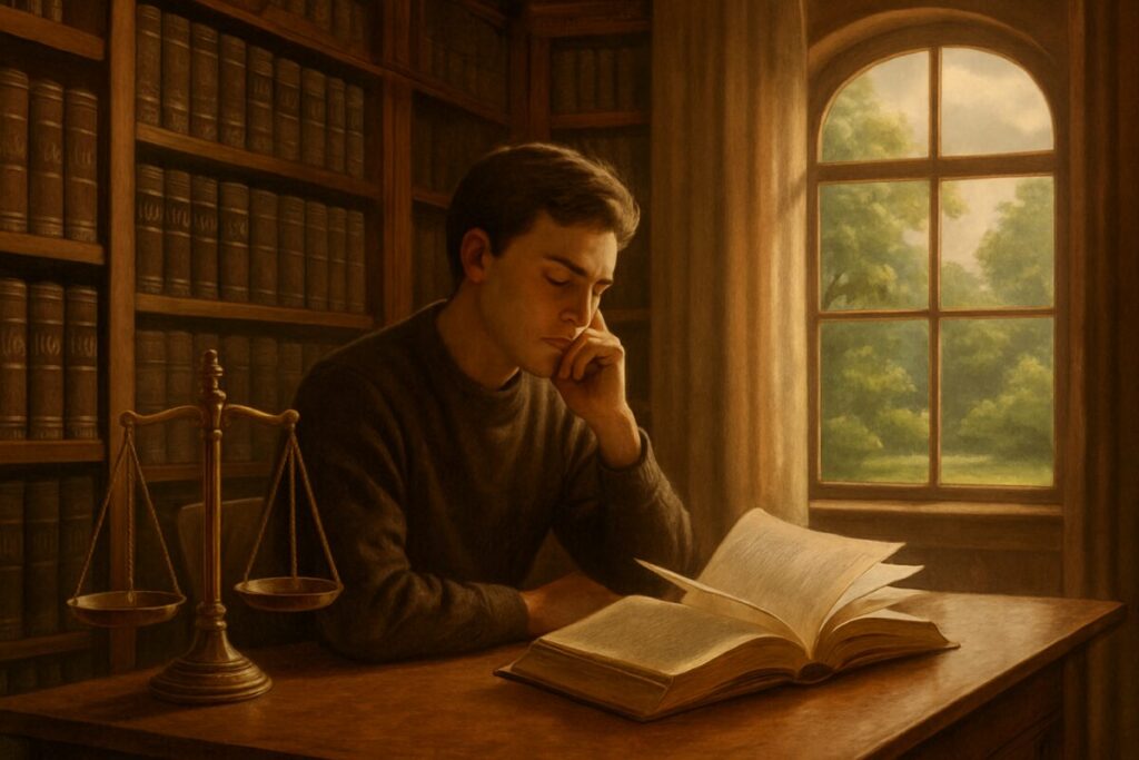 A high-definition digital artwork depicting a serene and calm law library bathed in warm, soft light. In the foreground, a law student sits at a large wooden table, deeply engaged in reflective thought. Beside them lies an open book with a gentle breeze turning its pages. Through a nearby window, a peaceful garden can be seen, symbolizing inner calm and self-compassion amidst academic challenges. The overall atmosphere conveys an aura of tranquility, balance, and personal growth.