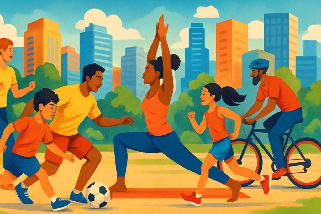 A vibrant and dynamic illustration of a diverse group of people engaged in various sports activities within a cityscape. Show an urban setting with modern architecture in the background, where individuals of different ages, genders, and ethnicities are playing soccer, cycling, running, and doing yoga. Capture the energy and movement through bright colors and expressive poses, highlighting the interconnectedness of sports with urban life. The scene should convey a sense of community and social interaction, reflecting the role of sports as a bridge in society. Ensure the image is in high definition to capture every detail and expression clearly.