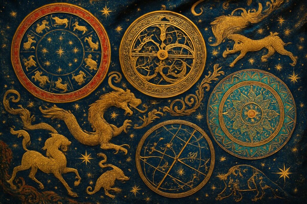 Create a high definition image capturing the vibrancy and complexity of various cultural astrological practices. The scene should depict a richly detailed tapestry, intricately woven with symbols and motifs from different global astrology traditions, including elements such as Chinese zodiac animals, Islamic astrolabes, Indian celestial patterns, and European star charts. The tapestry should appear dynamic and alive, with stars twinkling in the fabric, and celestial bodies subtly shifting in a cosmic dance, set against a deep, starry night sky. The overall atmosphere should evoke a sense of wonder and interconnectedness, reflecting the article's theme of astrology's global journey and cultural diffusion.