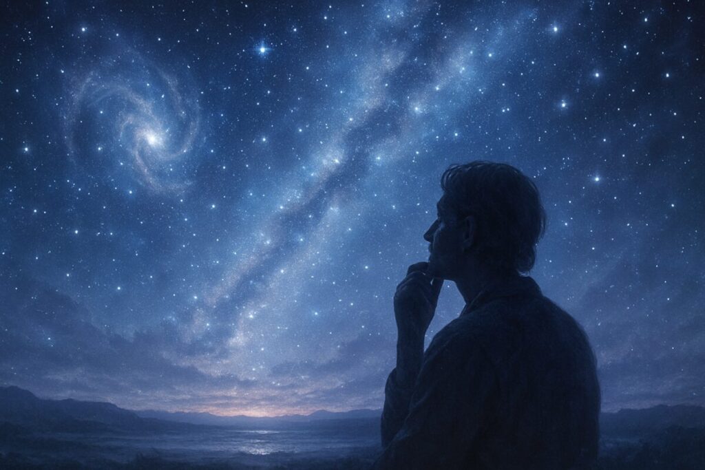 A high-definition digital artwork depicting a mystical celestial scene, combining elements of both cosmic and introspective themes. The sky is filled with shimmering stars and swirling galaxies, casting a gentle, ethereal light over a tranquil landscape. In the foreground, a thoughtful figure gazes upward, reflecting the deep connection between cosmic mysteries and personal introspection. The horizon blends seamlessly with the cosmos, symbolizing the fluid boundary between destiny and individual interpretation. Soft hues of blues, purples, and silvers create a dreamlike ambiance, evoking a sense of wonder and contemplation.