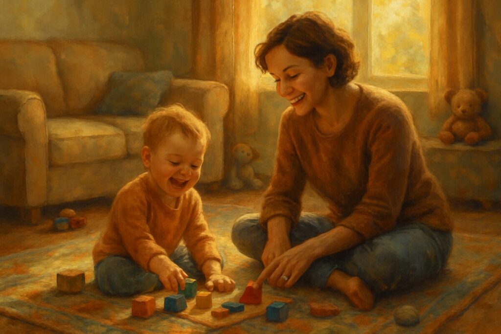 A serene and intimate digital painting depicting a warm and inviting family living room. In the foreground, a gentle scene unfolds with a young child, showcasing a joyful expression, engaged in a creative play session on a colorful carpet. Beside the child, a loving parent sits, offering guidance and encouragement, their soft smiles reflecting a deep connection. The background features a cozy setting with plush sofas, a few favorite toys scattered around, and a window letting in golden sunlight, casting a peaceful glow over the room. Painted in high definition, the artwork captures the essence of warm, supportive, and nurturing interactions within a home environment.