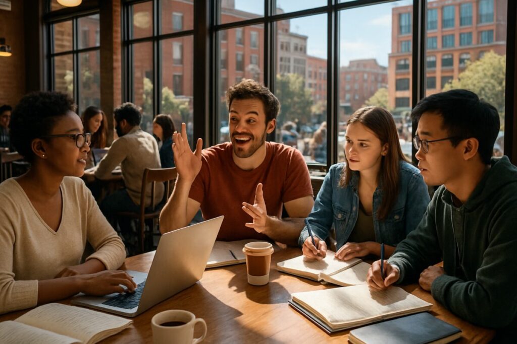 A cozy, sunlit university café bustling with diverse students collaborating around laptops, papers, and cups of coffee. One student enthusiastically gestures while others listen intently, some taking notes. In the background, large windows reveal a vibrant cityscape, seamlessly blending the campus life with the real world. This image should be vivid and captured in high definition to reflect the lively and dynamic environment of engaged learning connected to practical, everyday life.