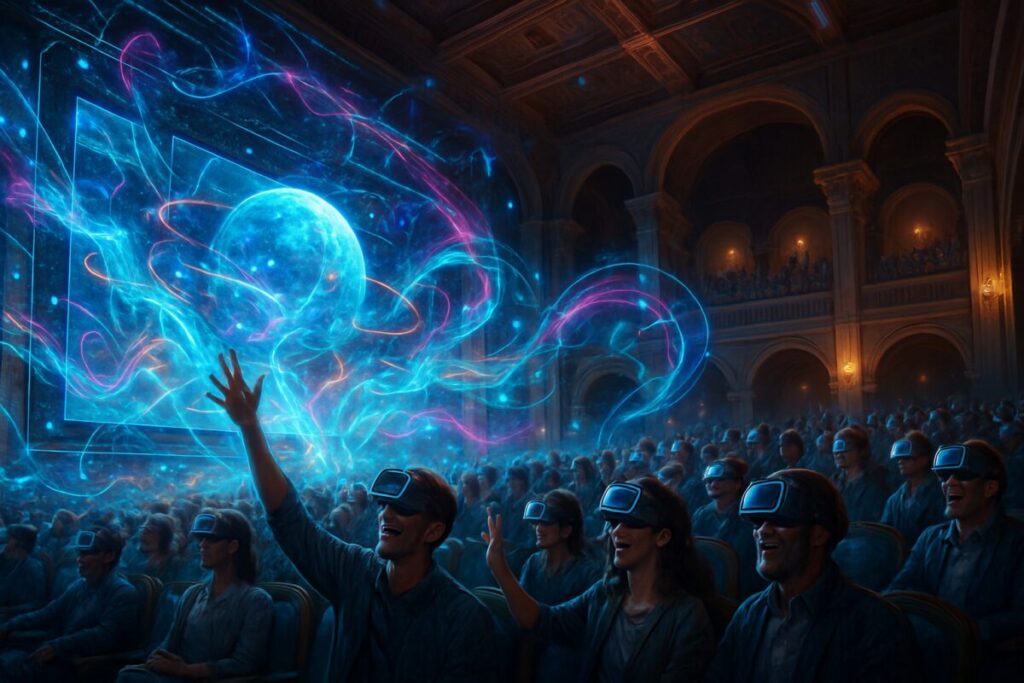 A high-definition illustration of a futuristic theater auditorium. The scene is filled with vibrant digital holograms extending from the large cinema screen, interacting with the audience members who wear sleek virtual reality headsets. Different emotions are expressed on the faces of various cultures depicted in the crowd as they engage with the immersive film experience. The auditorium design beautifully merges classical architecture with modern digital elements, symbolizing the blend of traditional humanistic studies and cutting-edge technology. The overarching atmosphere of the image captures the innovative fusion between digital humanities and cinema.