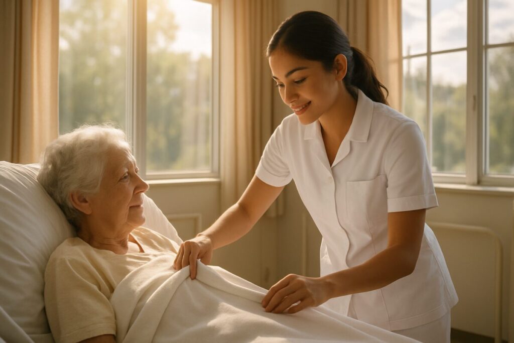 A serene and hopeful image of a dedicated nursing student helping an elderly patient in a sunlit hospital room. The student, wearing a crisp white uniform, exudes compassion and empathy as they carefully adjust the patient's blanket. Sunlight streams through large windows, casting a warm glow on the scene, symbolizing resilience and care. The image is rendered in high definition, capturing the detail of the student's gentle expression and the calm surroundings, conveying a message of support and empowerment amidst the challenges faced in clinical training.