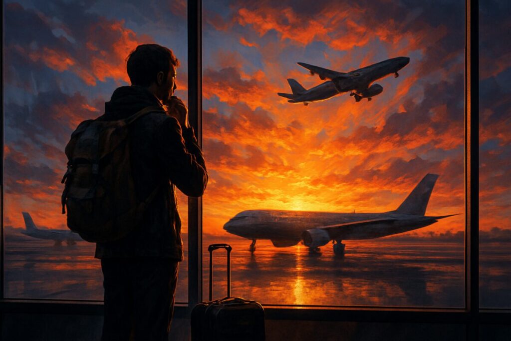 A high-definition digital artwork depicting a thoughtful traveler standing at an airport window, gazing out at airplanes taking off against a dramatic sunrise. The scene captures a sense of both hope and contemplation. The foreground shows the reflection of the traveler on the glass, hinting at the inner journey and mixed emotions. The vibrant colors of the sky contrast with the subtle, introspective posture of the traveler, creating a balance between opportunity and the weight of decision.