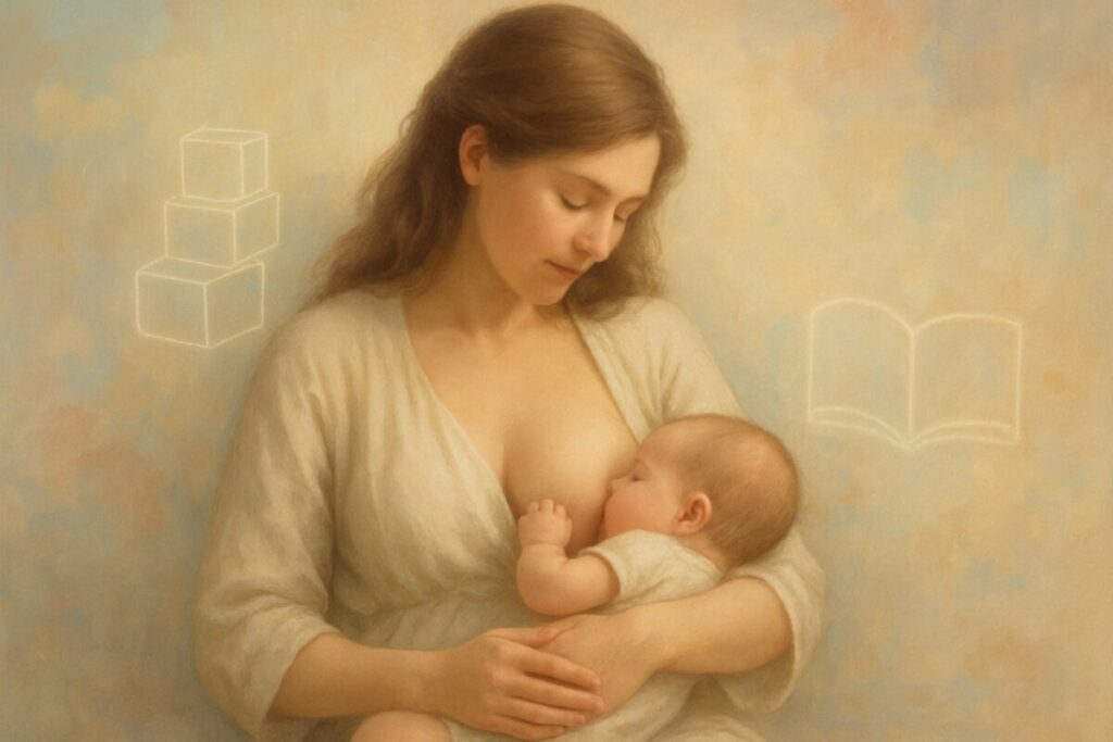 A serene, high-definition digital painting of a mother sitting in a softly lit room, cradling and breastfeeding her baby. The background features gentle pastel colors and soft textures, reflecting warmth and calmness. Around them, faint glowing outlines of developmental milestones—like building blocks and a small book—are subtly integrated into the scene, symbolizing growth and learning. The scene should evoke a sense of nurturing and healthful development, embodying the essence of early childhood care and bonding.