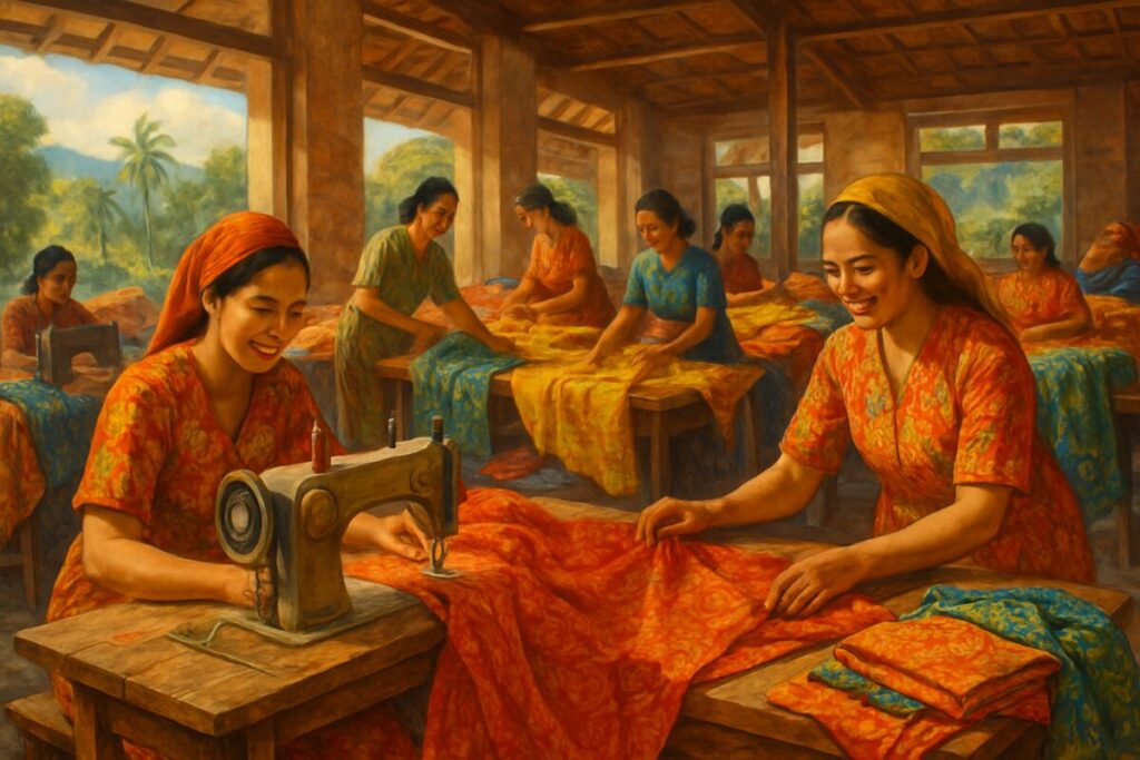 A high-definition painting depicting a vibrant Indonesian textile factory workshop bathed in warm sunlight. Seamstresses in colorful traditional attire work collaboratively, exhibiting a sense of harmony and diligent effort. The background shows lush green landscapes visible through large windows, symbolizing growth and vitality. The scene captures a moment of teamwork and dedication, with materials and fabrics reflecting the rich cultural tapestry. The overall atmosphere conveys positivity and a strong work ethic, suggesting the influence of a supportive organizational culture.