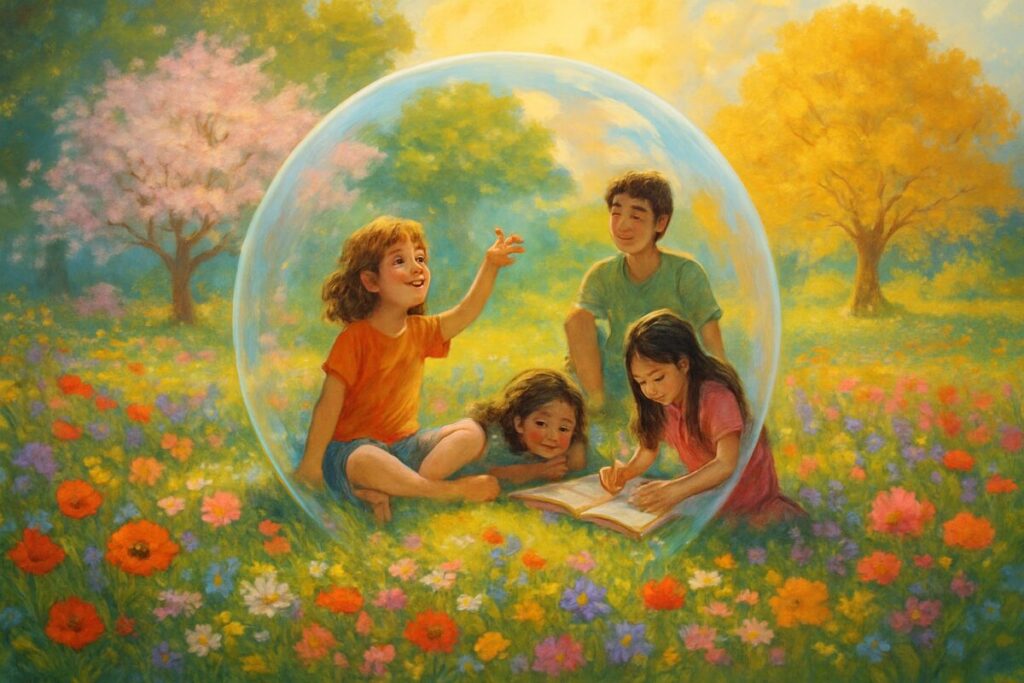 A whimsical, dreamlike digital painting depicting a vibrant, lush garden filled with colorful wildflowers and various stages of blooming trees, symbolizing the stages of growth and development. In the foreground, a playful scene unfolds with a diverse group of children and teenagers, engaging in imaginative activities, surrounded by a glowing, translucent bubble representing the protective and nurturing aspects of psychodynamic therapy. Sunlight filters through the trees, casting warm, inviting light across the scene. Render the image in high definition for a captivating, vivid effect.
