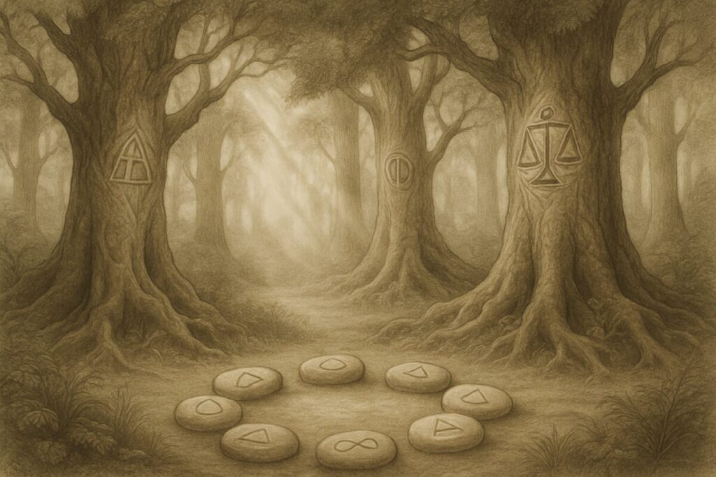 An intricate illustration capturing a serene, misty forest where ancient trees intertwine with philosophical symbols subtly woven into their bark and roots. Soft rays of sunlight break through the canopy, casting gentle shadows and an air of wisdom and tranquility. A small clearing reveals a circle of smooth stones, each etched with delicate, abstract designs reflecting harmony and balance. The scene evokes a sense of timeless reflection on ethics as part of nature's cycle. Render this artwork in high definition to highlight the intricate details and ethereal atmosphere.