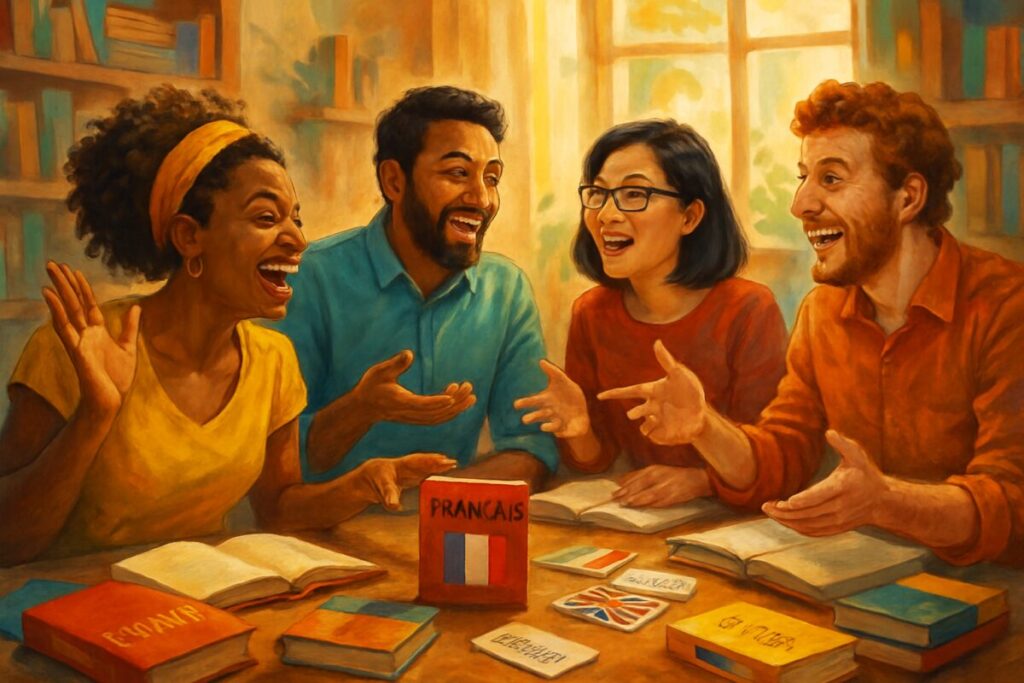 A vibrant, high-definition digital artwork depicting a diverse group of people from different backgrounds and cultures engaging in a joyful language exchange session. The scene is set in a cozy, sunlit room filled with colorful books and language learning materials scattered around. The participants are laughing, gesturing, and showing expressions of excitement and curiosity. Warm, inviting tones dominate the artwork, capturing the spirit of positive connection and enjoyment through language learning.