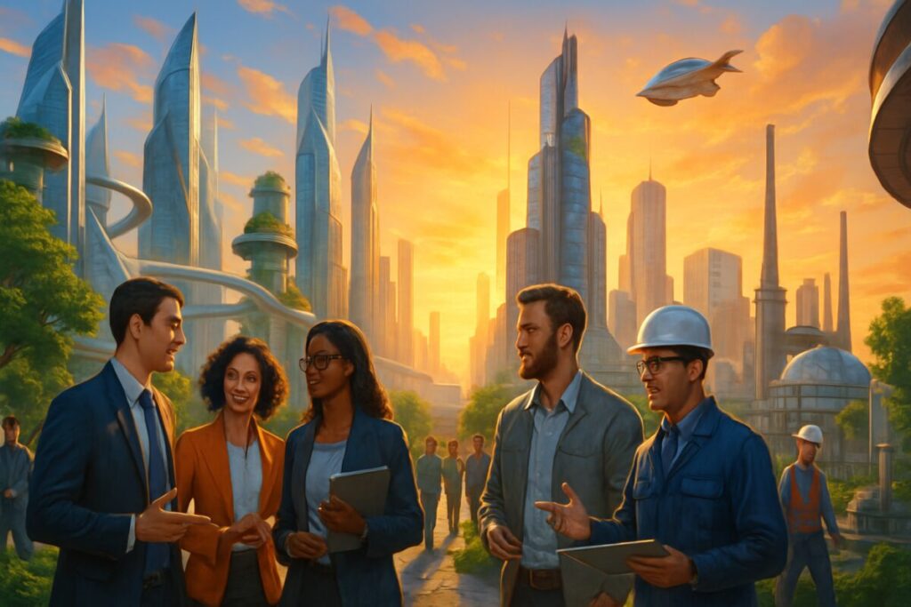 A high-definition digital artwork depicting a vibrant and bustling futuristic cityscape at sunrise, where towering skyscrapers with innovative architectural designs blend seamlessly with lush greenery and advanced transportation systems. In the foreground, a diverse group of people, symbolizing various roles such as entrepreneurs, scientists, and engineers, are engaged in dynamic conversations and activities. The background features elements like modern factories and research centers, illustrating the fusion of tradition and innovation amidst a backdrop of technology and nature. The overall scene conveys a sense of optimism and progress, embodying the spirit of economic and social evolution.