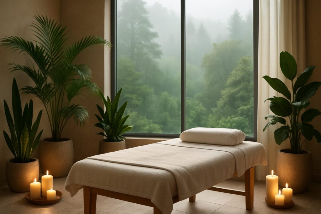 A serene, high-definition digital artwork of a tranquil, sunlit spa-like setting, featuring a cozy massage table surrounded by lush green plants and softly glowing candles. In the background, a large window reveals a picturesque view of a misty forest, evoking a sense of calm and healing. The ambiance captures the essence of physical therapy and rejuvenation, ideal for a post about muscle recovery treatments.