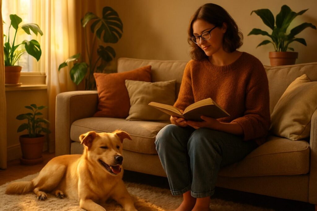 A cozy living room scene bathed in warm, golden sunlight with a happy, newly-adopted dog resting contently on a plush rug. Nearby, the dog's owner sits on a comfortable sofa, gently reading a book and casting a loving glance toward their new pet. In the background, leafy green plants and soft cushions add to the atmosphere of comfort and new beginnings, symbolizing the journey of bonding and adaptation. HD resolution.